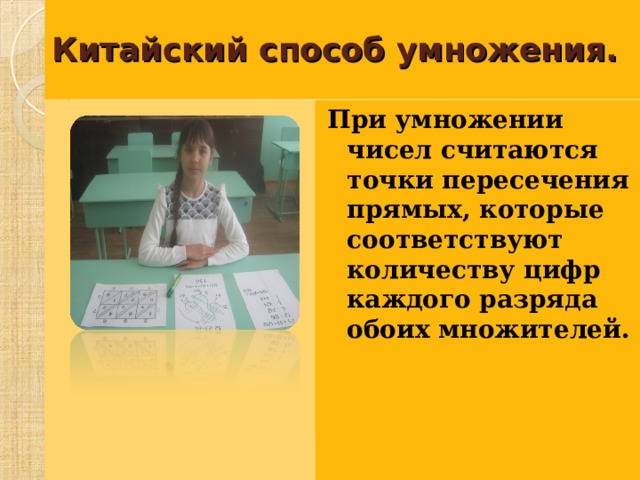  Китайский способ умножения.   При умножении чисел считаются точки пересечения прямых, которые соответствуют количеству цифр каждого разряда обоих множителей.      