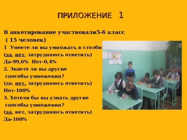  ПРИЛОЖЕНИЕ 1  В анкетирование участвовали5-6 класс  ( 15 человек) 1 Умеете ли вы умножать в столбик? ( да , нет , затрудняюсь ответить) Да-99,6% Нет-0,4% 2. Знаете ли вы другие  способы умножения? (да, нет, затрудняюсь ответить) Нет-100% 3. Хотели бы вы узнать другие  способы умножения? ( да , нет, затрудняюсь ответить) Да-100%  