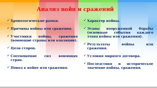 Анализ войн и сражений Хронологические рамки. Характер войны.   Причины войны или сражения. Этапы вооруженной борьбы (основные события каждого этапа войны или сражения).   Участники войны, сражения (воюющие страны или коалиции). Результаты войны или сражения.   Условия мирного договора. Цели сторон.   Последствия и историческое значение войны, сражения. Соотношение сил воюющих стран.  Повод к войне или сражения.  