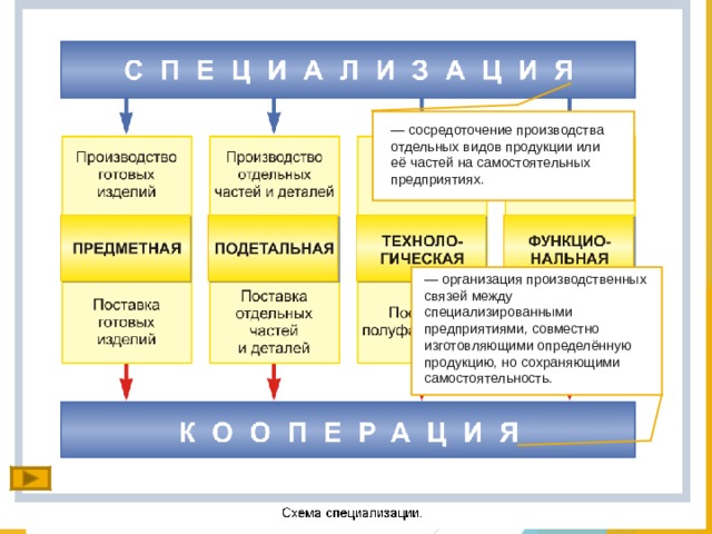 — сосредоточение производства отдельных видов продукции или её частей на самостоятельных предприятиях.  — организация производственных связей между специализированными предприятиями, совместно изготовляющими определённую продукцию, но сохраняющими самостоятельность. 