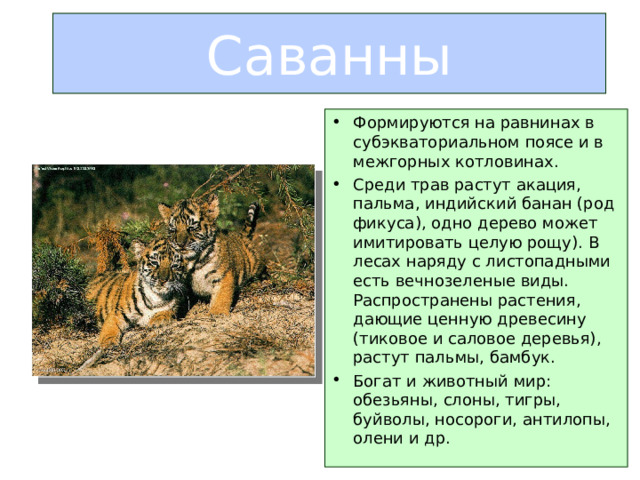 Саванны Формируются на равнинах в субэкваториальном поясе и в межгорных котловинах. Среди трав растут акация, пальма, индийский банан (род фикуса), одно дерево может имитировать целую рощу). В лесах наряду с листопадными есть вечнозеленые виды. Распространены растения, дающие ценную древесину (тиковое и саловое деревья), растут пальмы, бамбук. Богат и животный мир: обезьяны, слоны, тигры, буйволы, носороги, антилопы, олени и др. 