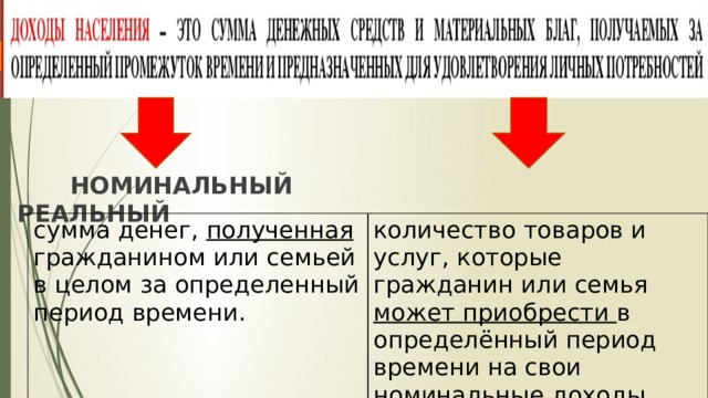  НОМИНАЛЬНЫЙ РЕАЛЬНЫЙ  сумма денег, полученная гражданином или семьей в целом за определенный период времени. количество товаров и услуг, которые гражданин или семья может приобрести в определённый период времени на свои номинальные доходы. 