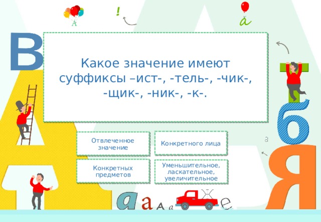 Какое значение имеют суффиксы –ист-, -тель-, -чик-, -щик-, -ник-, -к-. Конкретного лица Отвлеченное значение Конкретных предметов Уменьшительное, ласкательное, увеличительное 