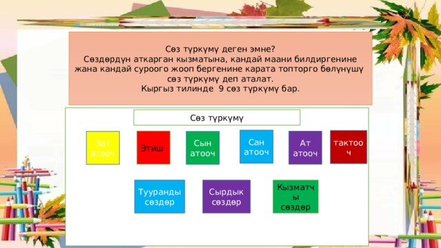 Сөз түркүмү деген эмне? Сөздөрдүн аткарган кызматына, кандай маани билдиргенине жана кандай суроого жооп бергенине карата топторго бөлүнүшү сөз түркүмү деп аталат. Кыргыз тилинде 9 сөз түркүмү бар. Сөз түркүмү Сан атооч тактооч Этиш Ат атооч Зат атооч Сын атооч Сырдык сөздөр Тууранды сөздөр Кызматчы сөздөр 
