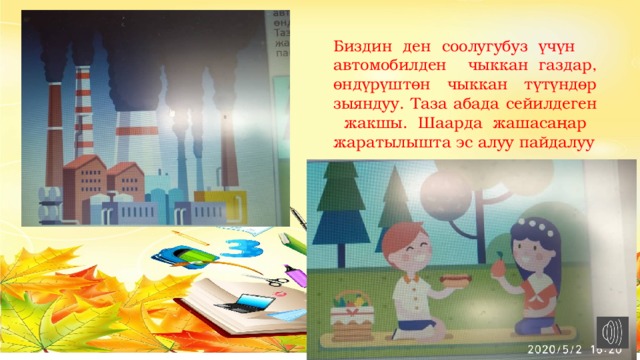Биздин ден соолугубуз үчүн автомобилден чыккан газдар, өндүрүштөн чыккан түтүндөр зыяндуу. Таза абада сейилдеген жакшы. Шаарда жашасаңар жаратылышта эс алуу пайдалуу 