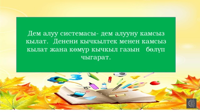 Дем алуу системасы- дем алууну камсыз кылат. Денени кычкылтек менен камсыз кылат жана көмүр кычкыл газын бөлүп чыгарат. 