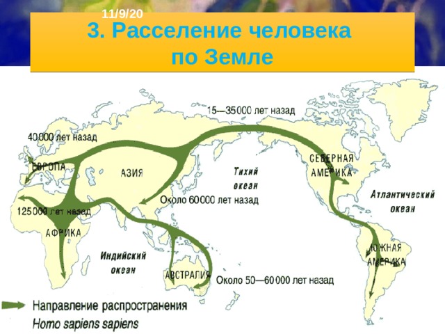 11/9/20 Переселению людей способствовали и сильные измене­ния климата. Уровень Мирового океана 15-16 тыс. лет тому назад был ниже современного примерно на 110 м, поэтому существовали «сухопутные мосты» между отдельными материками и островами.  