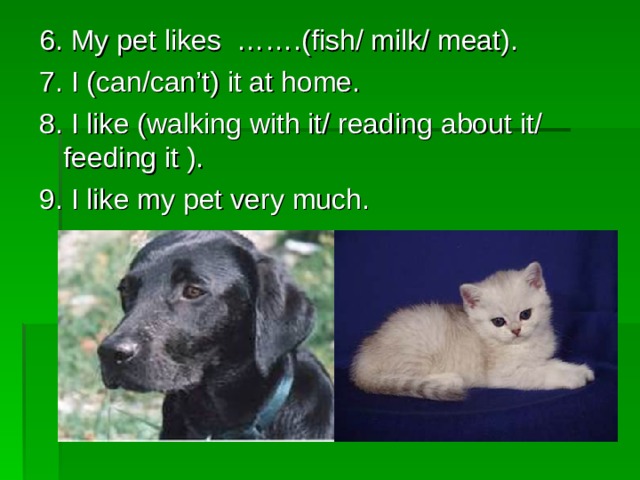6. My pet likes …….(fish/ milk/ meat). 7. I (can/can’t) it at home. 8. I like (walking with it/ reading about it/ feeding it ). 9. I like my pet very much. 