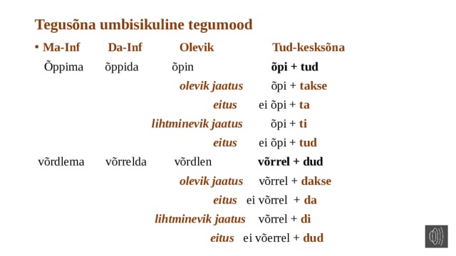 Tegusõna umbisikuline tegumood Ma-Inf Da-Inf Olevik Tud-kesksõna  Õppima õppida õpin õpi + tud  olevik jaatus õpi + takse   eitus  ei õpi + ta  lihtminevik jaatus  õpi + ti  eitus ei õpi + tud  võrdlema võrrelda võrdlen võrrel + dud  olevik jaatus võrrel + dakse  eitus ei võrrel + da  lihtminevik jaatus võrrel + di  eitus ei võerrel + dud 