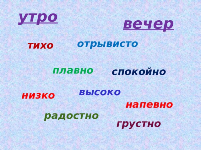 утро вечер отрывисто тихо плавно спокойно высоко низко напевно радостно грустно 