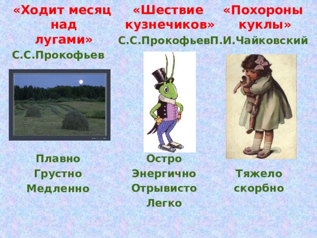  «Шествие кузнечиков»  «Похороны куклы»  «Ходит месяц над лугами» П.И.Чайковский С.С.Прокофьев  С.С.Прокофьев                    Плавно  Остро Тяжело Энергично Грустно Отрывисто скорбно Медленно Легко       