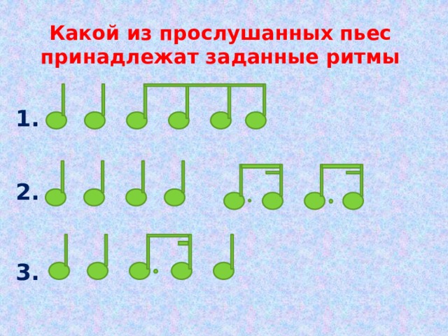 Какой из прослушанных пьес принадлежат заданные ритмы  1. 2. 3.  