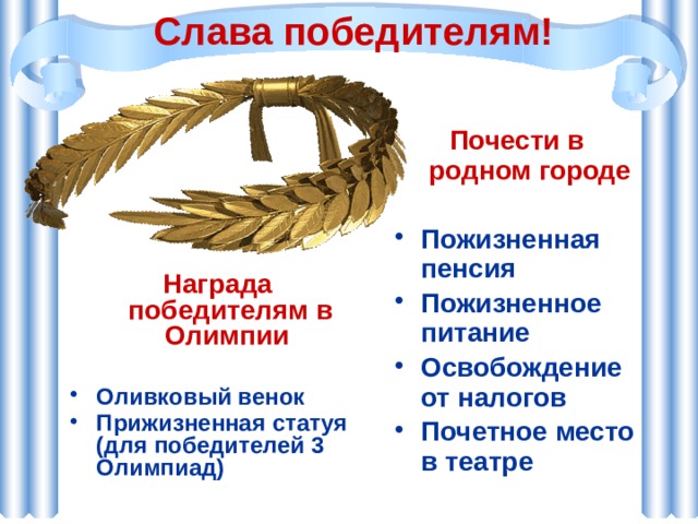 Слава победителям! Почести в родном городе  Пожизненная пенсия Пожизненное питание Освобождение от налогов Почетное место в театре  Награда победителям в Олимпии  Оливковый венок Прижизненная статуя (для победителей 3 Олимпиад)  