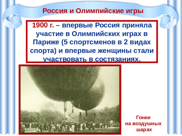 Россия и Олимпийские игры 1900 г. – впервые Россия приняла участие в Олимпийских играх в Париже (5 спортсменов в 2 видах спорта) и впервые женщины стали участвовать в состязаниях. Гонки на воздушных шарах 