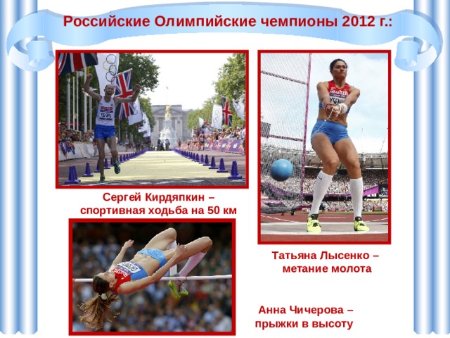 Российские Олимпийские чемпионы 2012 г.: Сергей Кирдяпкин – спортивная ходьба на 50 км Татьяна Лысенко – метание молота Анна Чичерова –прыжки в высоту 