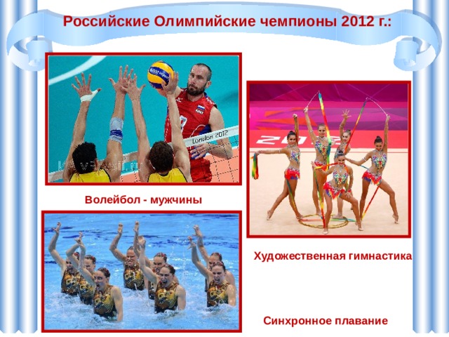 Российские Олимпийские чемпионы 2012 г.: Волейбол - мужчины Художественная гимнастика Синхронное плавание 