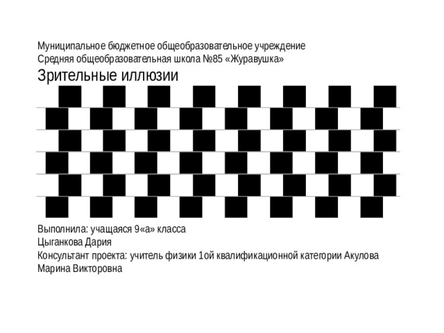 Муниципальное бюджетное общеобразовательное учреждение Средняя общеобразовательная школа №85 «Журавушка» Зрительные иллюзии Выполнила: учащаяся 9«а» класса Цыганкова Дария Консультант проекта: учитель физики 1ой квалификационной категории Акулова Марина Викторовна 