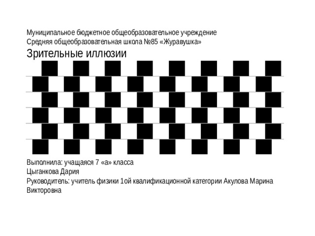 Муниципальное бюджетное общеобразовательное учреждение Средняя общеобразовательная школа №85 «Журавушка» Зрительные иллюзии Выполнила: учащаяся 7 «а» класса Цыганкова Дария Руководитель: учитель физики 1ой квалификационной категории Акулова Марина Викторовна 