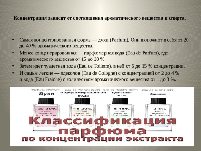 Концентрация зависит от соотношения ароматического вещества и спирта.   Самая концентрированная форма — духи (Parfum). Они включают в себя от 20 до 40 % ароматического вещества. Менее концентрированная — парфюмерная вода (Eau de Parfum), где ароматического вещества от 15 до 20 %. Затем идет туалетная вода (Eau de Toilette), в ней от 5 до 15 % концентрации. И самые легкие — одеколон (Eau de Cologne) с концентрацией от 2 до 4 % и вода (Eau Fraiche) с количеством ароматического вещества от 1 до 3 %. 