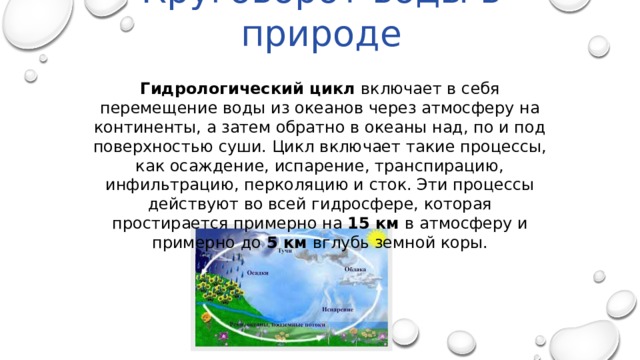 Круговорот воды в природе Гидрологический цикл включает в себя перемещение воды из океанов через атмосферу на континенты, а затем обратно в океаны над, по и под поверхностью суши. Цикл включает такие процессы, как осаждение, испарение, транспирацию, инфильтрацию, перколяцию и сток. Эти процессы действуют во всей гидросфере, которая простирается примерно на 15 км в атмосферу и примерно до 5 км вглубь земной коры. 