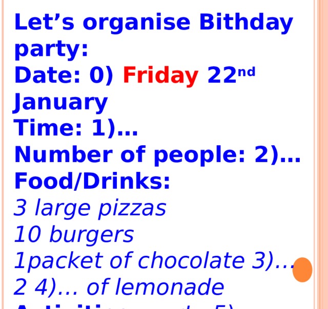 Let’s organise Bithday party: Date: 0) Friday 22 nd January Time: 1)… Number of people: 2)… Food/Drinks: 3 large pizzas 10 burgers 1packet of chocolate 3)… 2 4)… of lemonade Activities: party 5)…dancing   