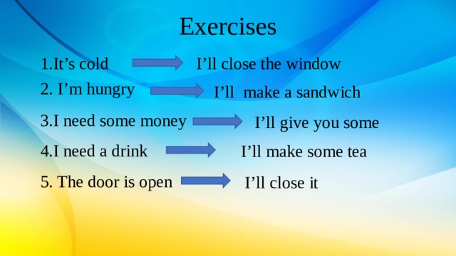 Exercises It’s cold I’ll close the window 2. I’m hungry I’ll make a sandwich 3.I need some money I’ll give you some 4.I need a drink I’ll make some tea 5. The door is open I’ll close it 