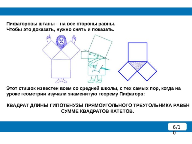 Пифагоровы штаны – на все стороны равны.  Чтобы это доказать, нужно снять и показать. Этот стишок известен всем со средней школы, с тех самых пор, когда на уроке геометрии изучали знаменитую теорему Пифагора:  КВАДРАТ ДЛИНЫ ГИПОТЕНУЗЫ ПРЯМОУГОЛЬНОГО ТРЕУГОЛЬНИКА РАВЕН СУММЕ КВАДРАТОВ КАТЕТОВ. 6/10 
