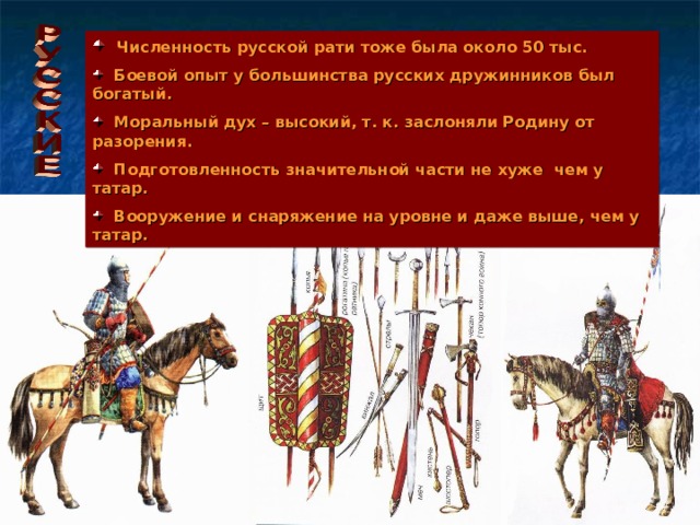  Численность русской рати тоже была около 50 тыс.  Боевой опыт у большинства русских дружинников был богатый.  Моральный дух – высокий, т. к. заслоняли Родину от разорения.  Подготовленность значительной части не хуже чем у татар.  Вооружение и снаряжение на уровне и даже выше, чем у татар. 