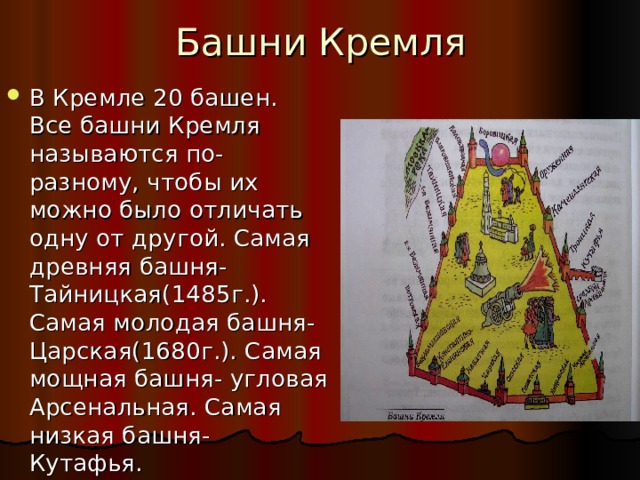 Башни Кремля В Кремле 20 башен. Все башни Кремля называются по-разному, чтобы их можно было отличать одну от другой. Самая древняя башня-Тайницкая(1485г.). Самая молодая башня-Царская(1680г.). Самая мощная башня- угловая Арсенальная. Самая низкая башня- Кутафья. 