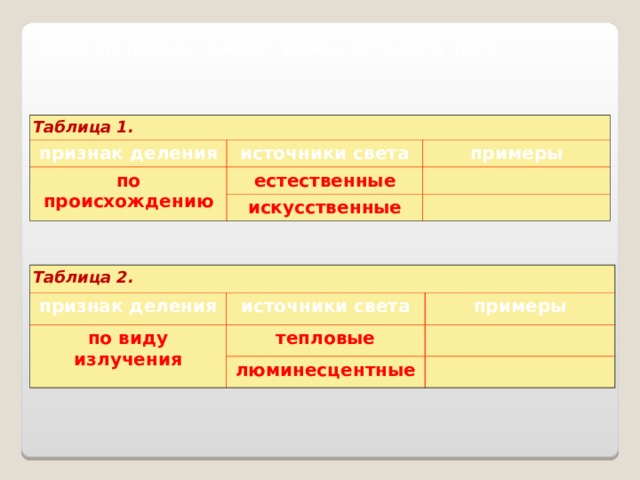 Заполните таблицы, приведя примеры источников света Таблица 1. признак деления источники света по происхождению естественные примеры искусственные Таблица 2. признак деления по виду излучения источники света примеры тепловые люминесцентные  