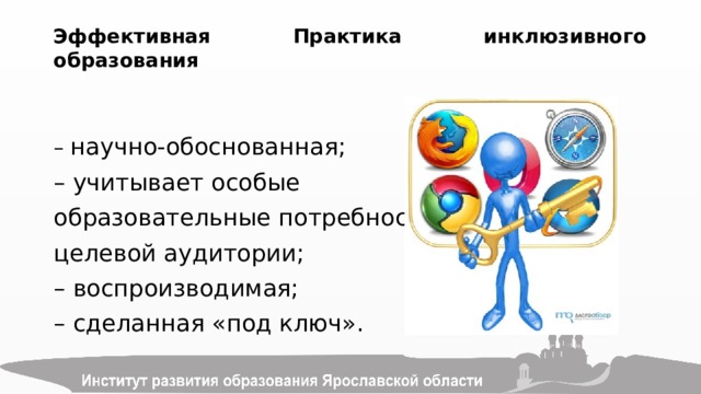 Эффективная Практика инклюзивного образования   – научно-обоснованная; – учитывает особые образовательные потребности целевой аудитории; – воспроизводимая; – сделанная «под ключ». 