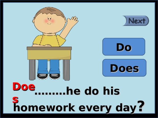 Do Does Does ……… he do his homework every day ? 