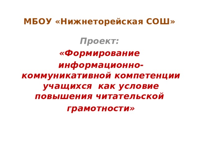 МБОУ «Нижнеторейская СОШ» Проект: «Формирование информационно-коммуникативной компетенции учащихся как условие повышения читательской грамотности» 