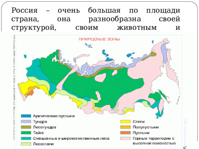  Россия – очень большая по площади страна, она разнообразна своей структурой, своим животным и растительным миром. 