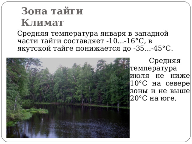 Зона тайги  Климат  Средняя температура января в западной части тайги составляет -10...-16°С, в якутской тайге понижается до -35...-45°С.  Средняя температура июля не ниже 10°С на севере зоны и не выше 20°С на юге. 