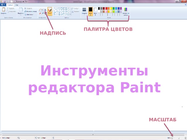 Палитра цветов Надпись Инструменты редактора Paint Масштаб 