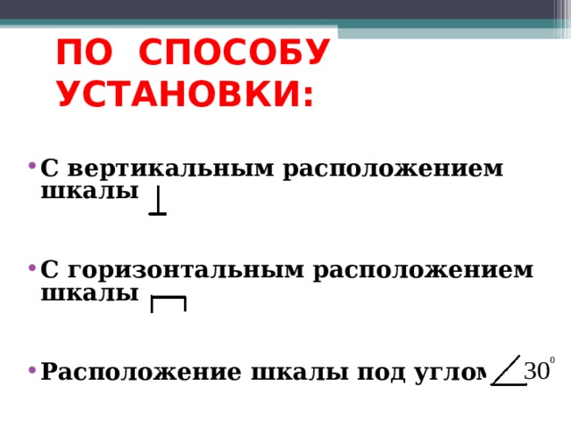  ПО СПОСОБУ УСТАНОВКИ:   С вертикальным расположением шкалы   С горизонтальным расположением шкалы   Расположение шкалы под углом   