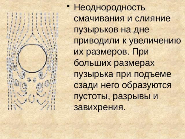Неоднородность смачивания и слияние пузырьков на дне приводили к увеличению их размеров. При больших размерах пузырька при подъеме сзади него образуются пустоты, разрывы и завихрения. 