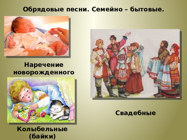 Обрядовые песни. Семейно – бытовые. Наречение новорожденного Свадебные Колыбельные (байки)  