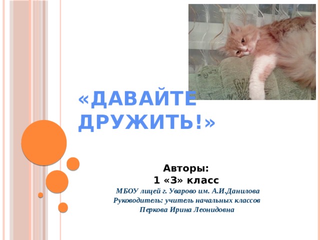 «Давайте дружить!»   Авторы: 1 «З» класс МБОУ лицей г. Уварово им. А.И.Данилова Руководитель: учитель начальных классов Перкова Ирина Леонидовна   