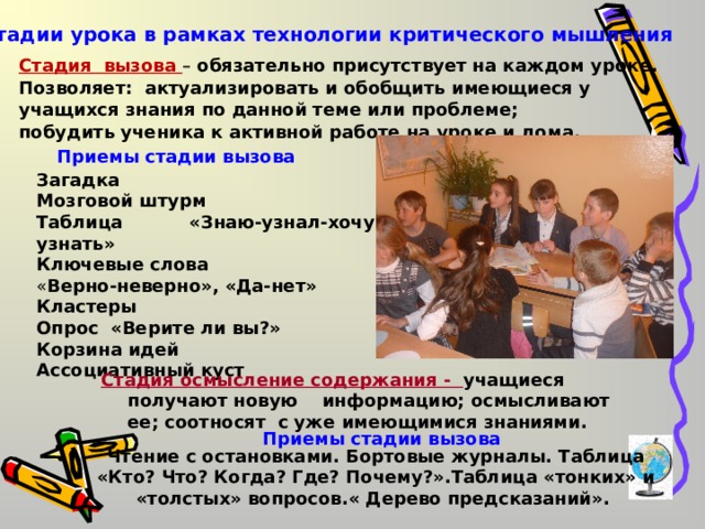 Стадии урока в рамках технологии критического мышления Стадия вызова – обязательно присутствует на каждом уроке. Позволяет: актуализировать и обобщить имеющиеся у учащихся знания по данной теме или проблеме; побудить ученика к активной работе на уроке и дома. Приемы стадии вызова Загадка Мозговой штурм Таблица «Знаю-узнал-хочу узнать» Ключевые слова « Верно-неверно», «Да-нет» Кластеры Опрос «Верите ли вы?» Корзина идей Ассоциативный куст Стадия осмысление содержания - учащиеся  получают новую информацию; осмысливают ее; соотносят  с уже имеющимися знаниями. Приемы стадии вызова Чтение с остановками. Бортовые журналы. Таблица «Кто? Что? Когда? Где? Почему?».Таблица «тонких» и «толстых» вопросов.« Дерево предсказаний». 