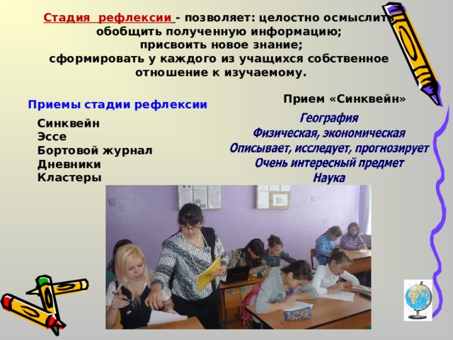 Стадия рефлексии  - позволяет:  целостно осмыслить, обобщить полученную информацию; присвоить новое знание; сформировать у каждого из учащихся собственное отношение к изучаемому. Прием «Синквейн» Приемы стадии рефлексии Cинквейн Эссе Бортовой журнал Дневники Кластеры 
