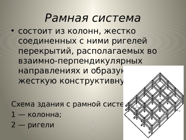 Рамная система состоит из колонн, жестко соединен­ных с ними ригелей перекрытий, располагаемых во взаимно-перпен­дикулярных направлениях и образующих жесткую конструктивную систему. Схема здания с рамной системой : 1 — колонна; 2 — ригели 
