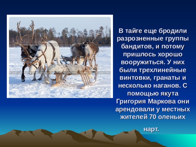       В тайге еще бродили разрозненные группы бандитов, и потому пришлось хорошо вооружиться. У них были трехлинейные винтовки, гранаты и несколько наганов. С помощью якута Григория Маркова они арендовали у местных жителей 70 оленьих нарт.  