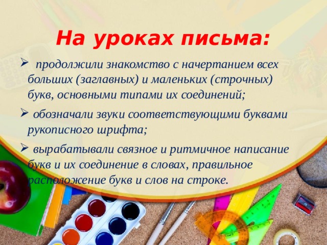 На уроках письма:  продолжили знакомство с начертанием всех больших (заглавных) и маленьких (строчных) букв, основными типами их соединений;  обозначали звуки соответствующими буквами рукописного шрифта;  вырабатывали связное и ритмичное написание букв и их соединение в словах, правильное расположение букв и слов на строке. 