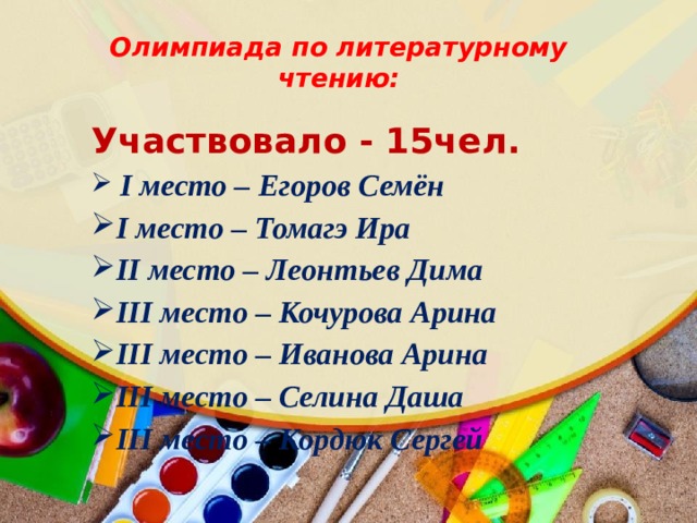 Олимпиада по литературному чтению:   Участвовало - 15чел.  I место – Егоров Семён I место – Томагэ Ира II место – Леонтьев Дима III место – Кочурова Арина III место – Иванова Арина III место – Селина Даша III место – Кордюк Сергей  I место – Егоров Семён I место – Томагэ Ира II место – Леонтьев Дима III место – Кочурова Арина III место – Иванова Арина III место – Селина Даша III место – Кордюк Сергей 