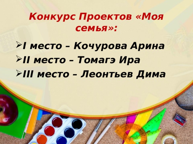 Конкурс Проектов «Моя семья»: I место – Кочурова Арина II место – Томагэ Ира III место – Леонтьев Дима 