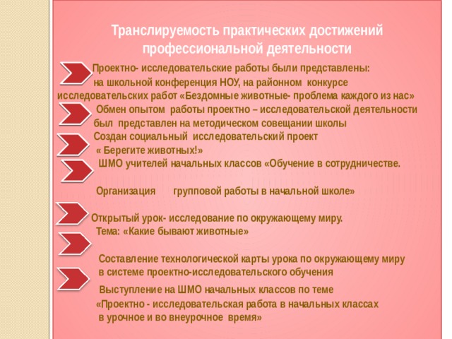  Транслируемость практических достижений профессиональной деятельности  Проектно- исследовательские работы были представлены:  на школьной конференция НОУ, на районном конкурсе исследовательских работ «Бездомные животные- проблема каждого из нас»  Обмен опытом работы проектно – исследовательской деятельности  был представлен на методическом совещании школы  Создан социальный исследовательский проект  « Берегите животных!»  ШМО учителей начальных классов «Обучение в сотрудничестве.  Организация групповой работы в начальной школе»   Открытый урок- исследование по окружающему миру.  Тема: «Какие бывают животные»   Составление технологической карты урока по окружающему миру  в системе проектно-исследовательского обучения  Выступление на ШМО начальных классов по теме  «Проектно - исследовательская работа в начальных классах  в урочное и во внеурочное время»    