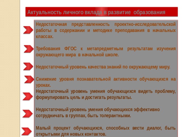 Актуальность личного вклада в развитие образования Недостаточная представленность проектно-исследовательской работы в содержании и методике преподавания в начальных классах.  Требования ФГОС к метапредметным результатам изучения окружающего мира в начальной школе.  Недостаточный уровень качества знаний по окружающему миру.  Снижение уровня познавательной активности обучающихся на уроках. Недостаточный уровень умения обучающихся видеть проблему, формулировать цель и достигать результаты.  Недостаточный уровень умения обучающихся эффективно сотрудничать в группах, быть толерантными.  Малый процент обучающихся, способных вести диалог, быть открытыми для новых контактов. 