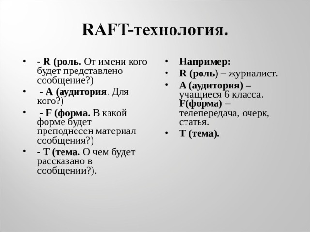 - R (роль. От имени кого будет представлено сообщение?)  - А (аудитория . Для кого?)  - F (форма. В какой форме будет преподнесен материал сообщения?) - T (тема. О чем будет рассказано в сообщении?).  Например: R (роль) – журналист. A (аудитория) – учащиеся 6 класса. F(форма) – телепередача, очерк, статья. T (тема).  
